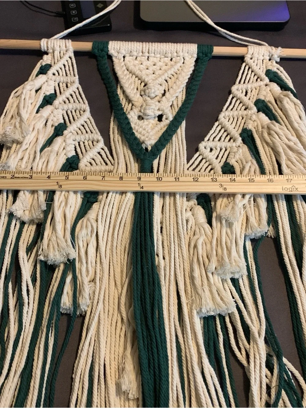Large Handmade Macrame Wall Hanging in Cream and Dark Green